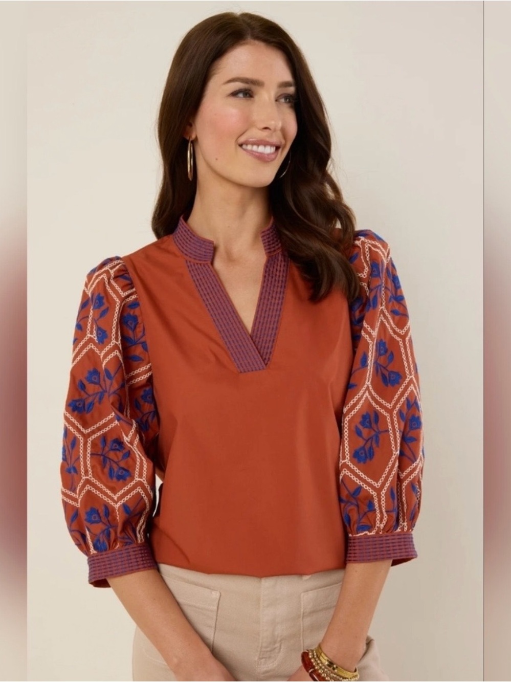 entro Rust V-Neck Blouse with Blue Embroidered Boho Puff Sleeves(XS)